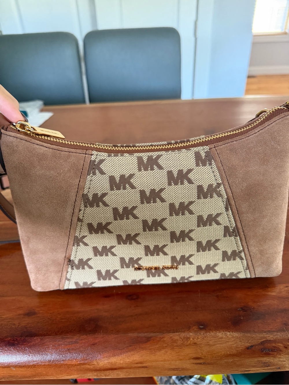 Michael Kors Brown Suede and Logo Canvas Shoulder Bag